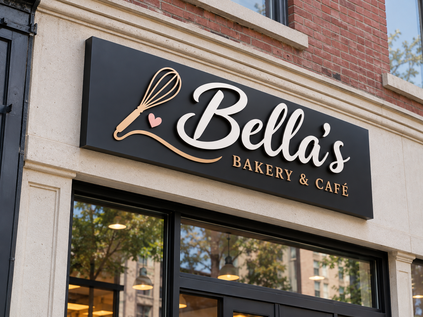 Bella’s Bakery & Café script lettering and whisk logo on black sign panel by BNext Design