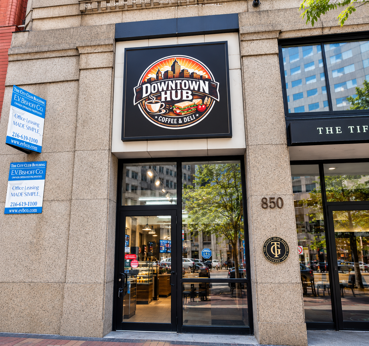 Downtown Hub Coffee & Deli logo sign panel above storefront entrance by BNext Design