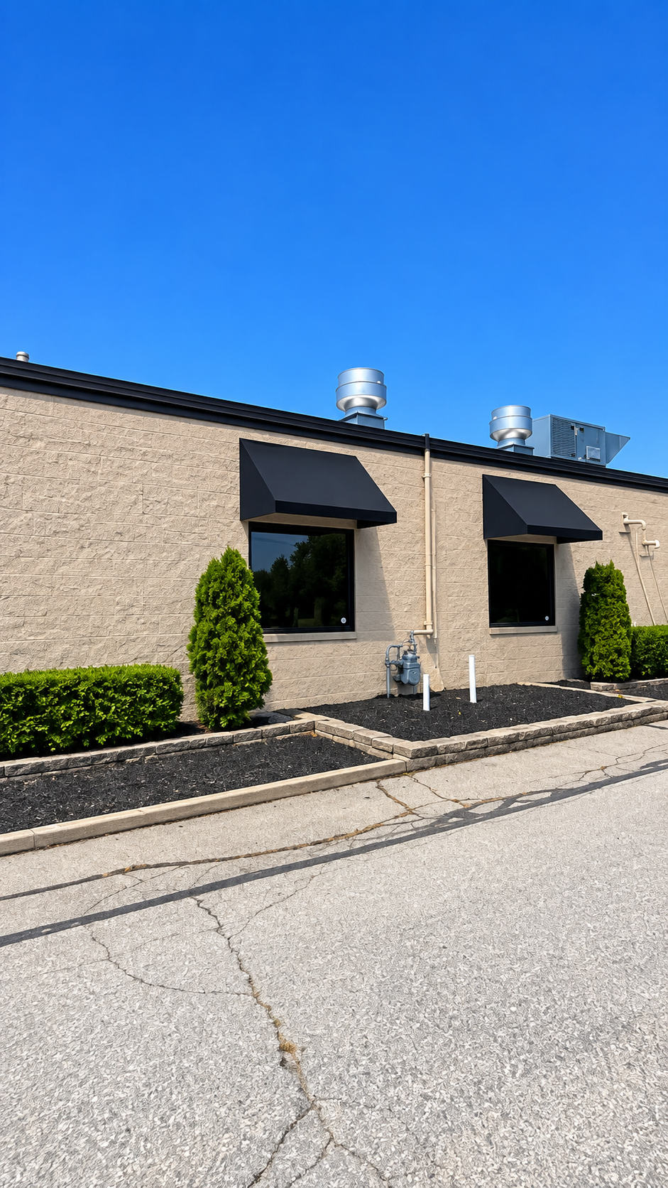 Black commercial window awnings