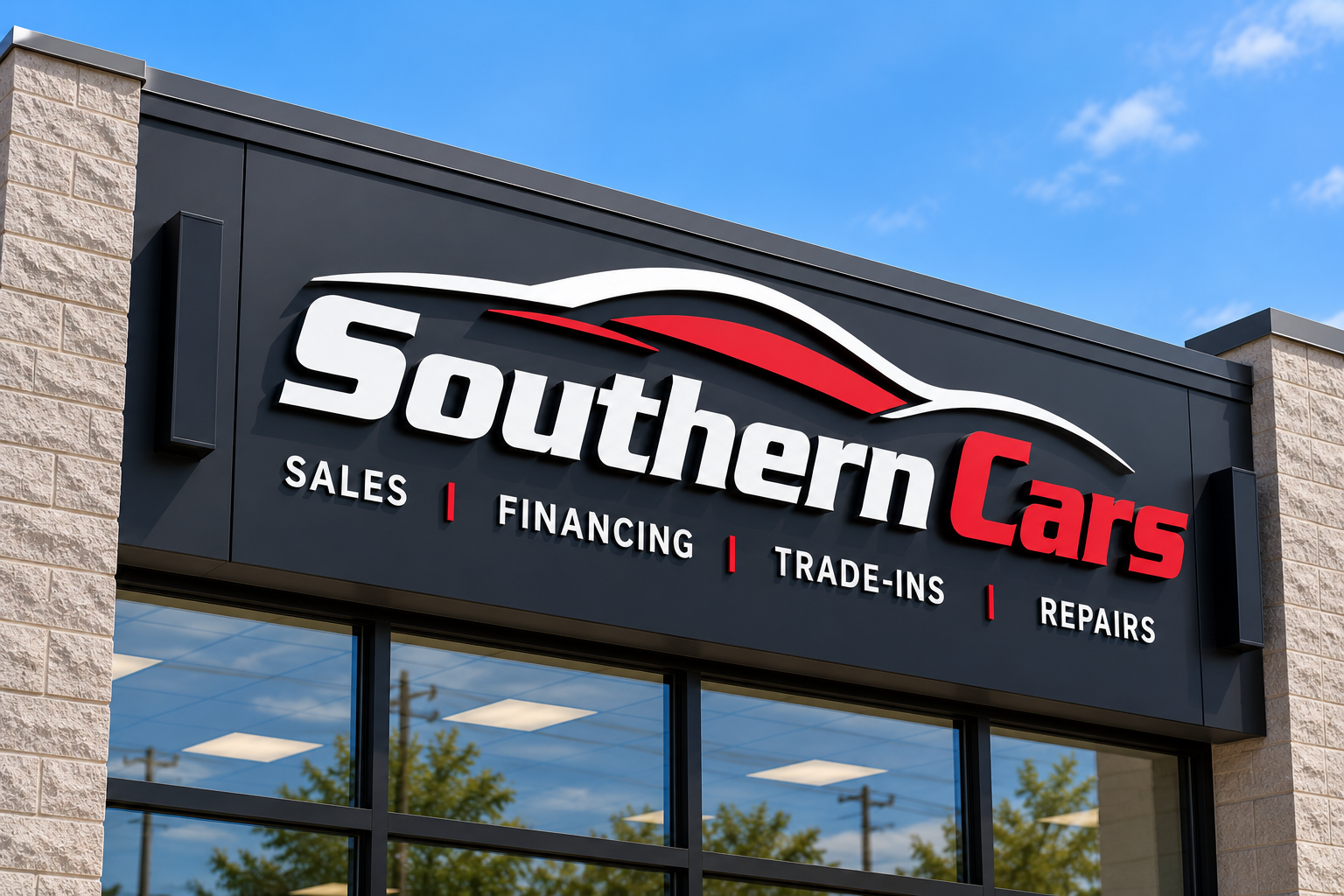 Southern Cars dimensional white and red lettering on black building fascia by BNext Design