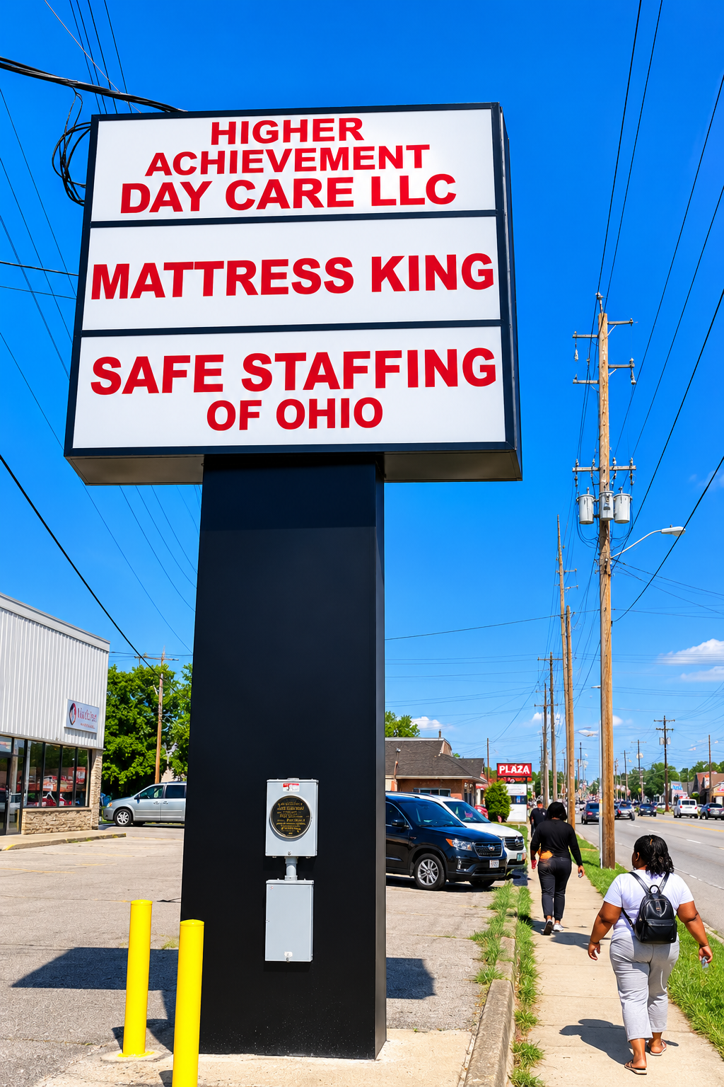 Higher Achievement Day Care, Mattress King and Safe Staffing of Ohio pole sign by BNext Design
