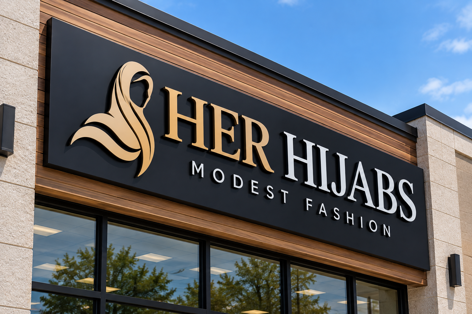HER HIJABS Modest Fashion gold and white dimensional letters on black panel by BNext Design